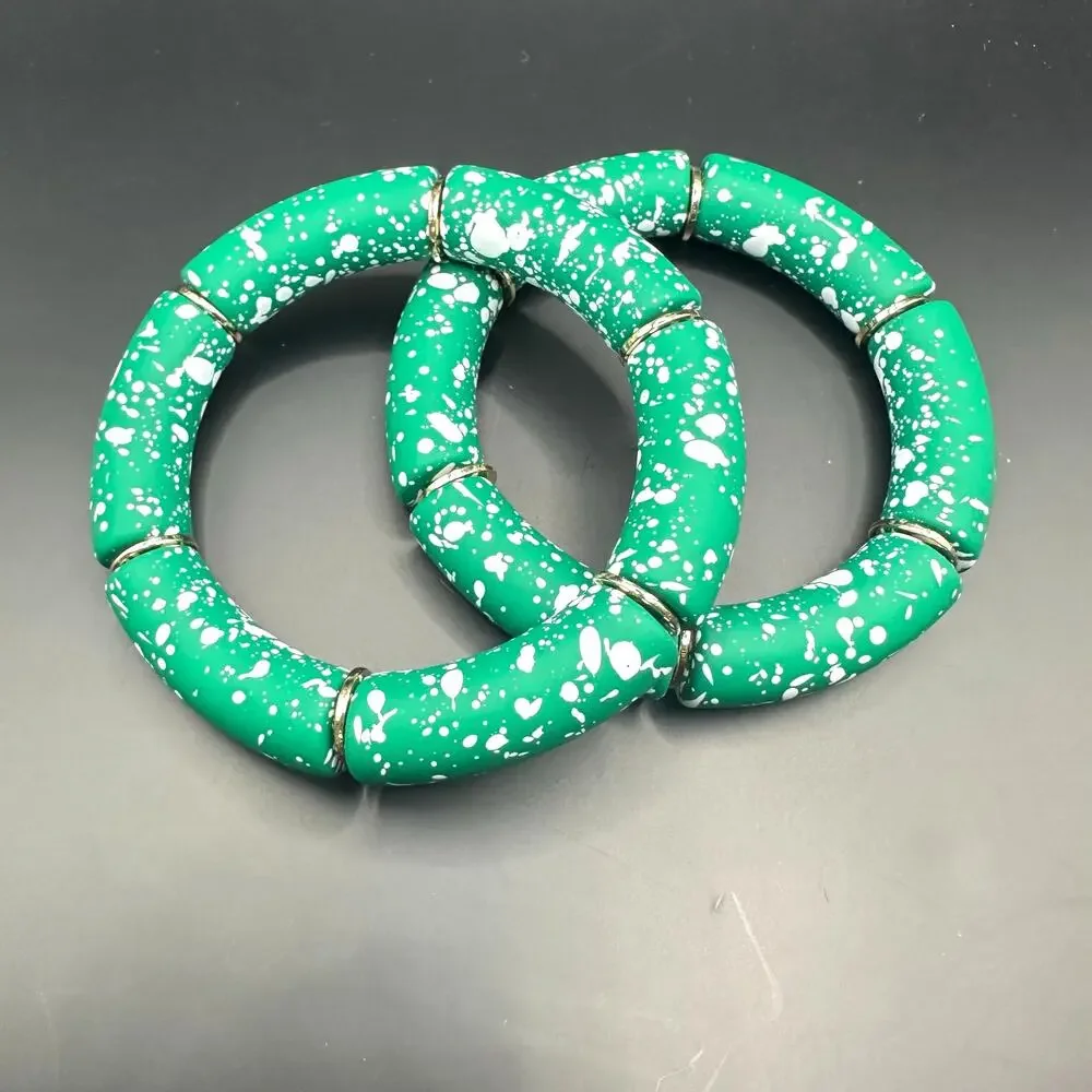 Green Tube Stretch Bracelet Set of 2 Bracelets Splatter Modern White Lot Casual